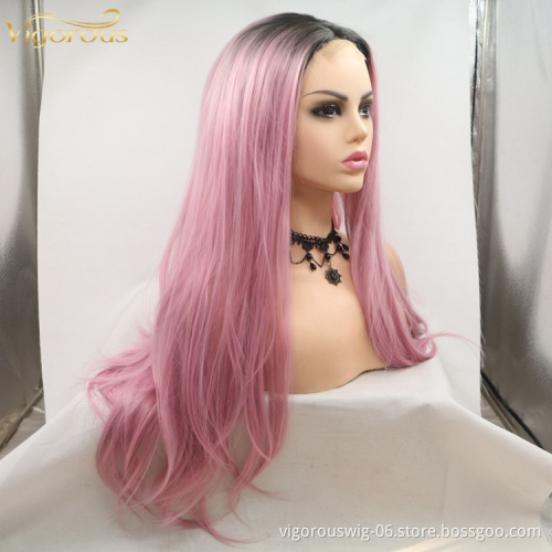 Vigorous ombre pink premium high quality straight wave long wholesale black women synthetic hair wigs small lace front